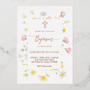 wildflowers frame Baptism Foil Invitation