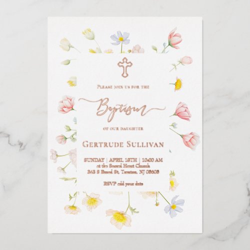 wildflowers frame Baptism Foil Invitation