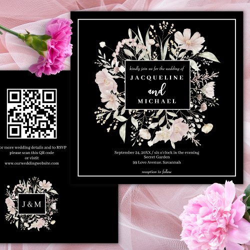 Wildflowers Frame Elegant Black Wedding Invitation