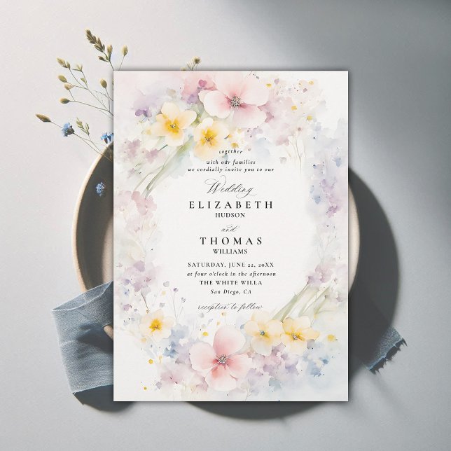 Wildflowers Garden Delicate Modern Elegant Wedding Invitation (wildflower wedding theme invitation delicate watercolor meadow modern classic formal elegant)