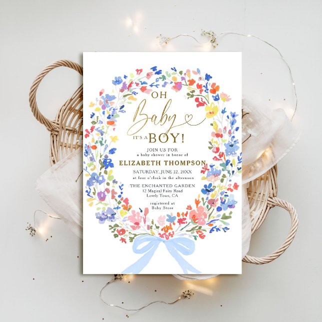 Wildflowers Garden Pink Bow Oh Baby Boy Shower Invitation (wildflowers blue bow baby boy shower invitation garden backyard rustic barn meadow spring summer)