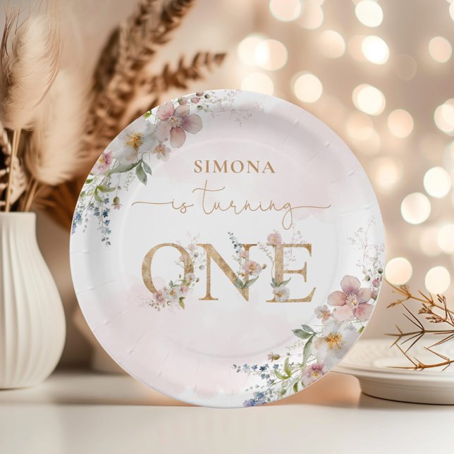 Wildflowers girl 1st birthday blush pink floral paper plates (Creator Uploaded)