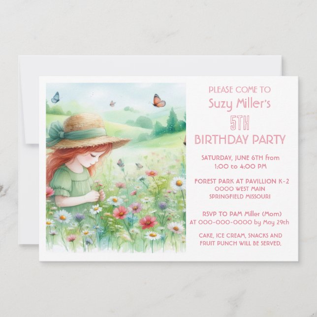 Wildflowers Girl's 5th Birthday Party Invitation (Front)