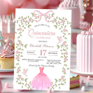 Wildflowers Glitter Dress Pink Bow Quinceanera Invitation