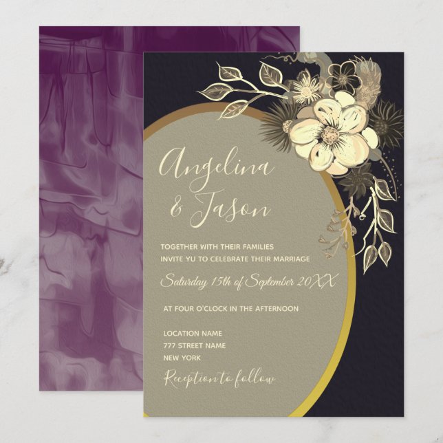 Wildflowers Gold and Black Wedding Invitation (Front/Back)