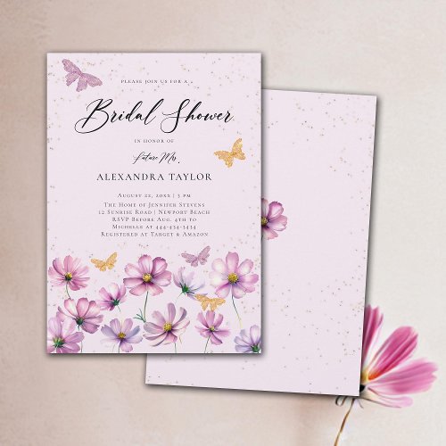 Wildflowers Gold Butterflies Pink Bridal Shower Invitation