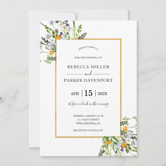 Wildflowers gold elegant Wedding invitation (Front)