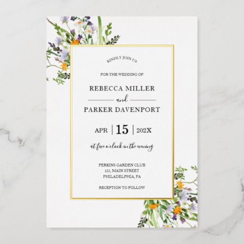 Wildflowers gold elegant Wedding invitation Foil Invitation