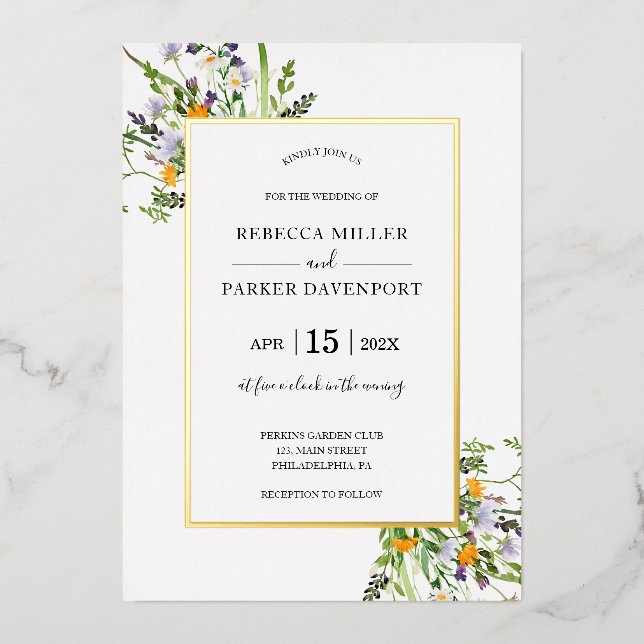 Wildflowers gold elegant Wedding invitation Foil Invitation (Front)