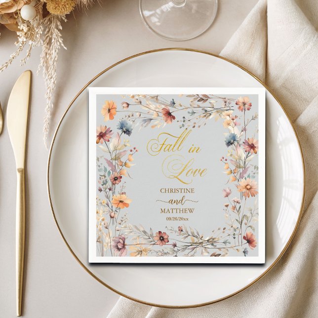 Wildflowers Gold 'Fall in Love' Elegant Wedding Napkins (Creator Uploaded)