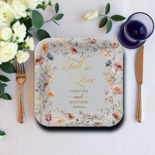 Wildflowers Gold 'Fall in Love' Elegant Wedding Paper Plates