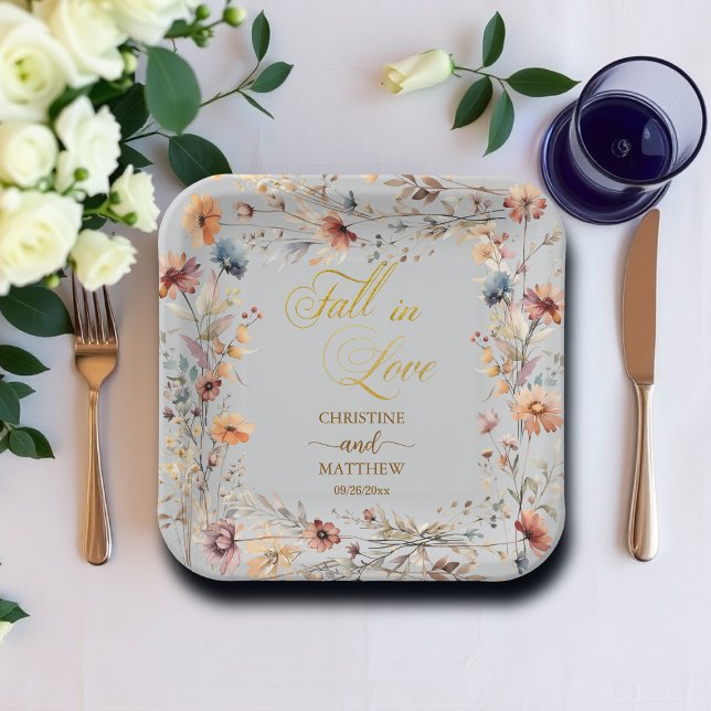 Wildflowers Gold 'Fall in Love' Elegant Wedding Paper Plates (Creator Uploaded)