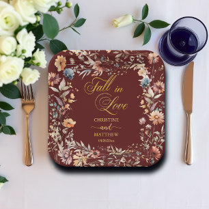 Wildflowers Gold 'Fall in Love' Elegant Wedding Paper Plates