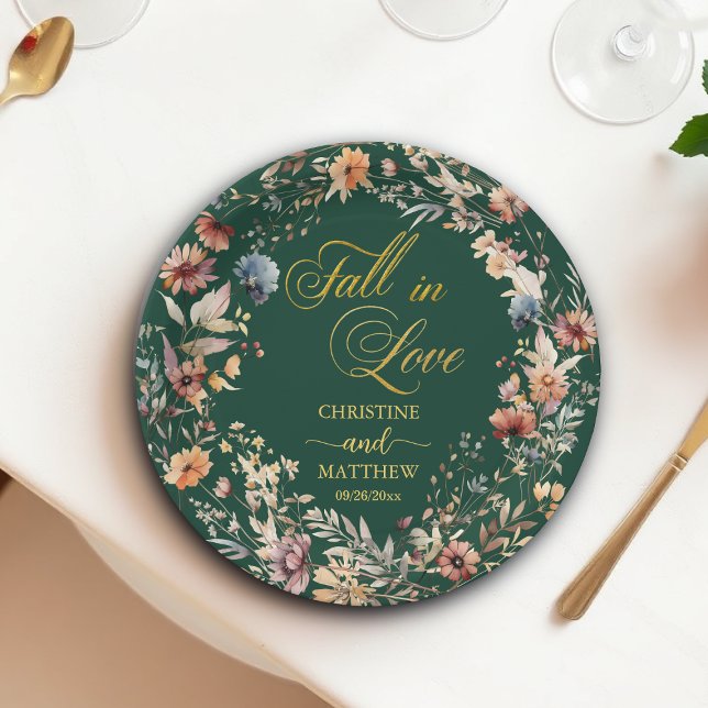 Wildflowers Gold 'Fall in Love' Elegant Wedding Paper Plates (Creator Uploaded)