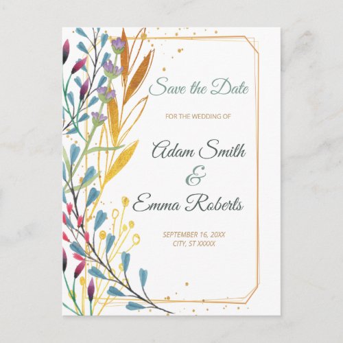 Wildflowers  Gold Sparkles Save the Date Wedding Postcard