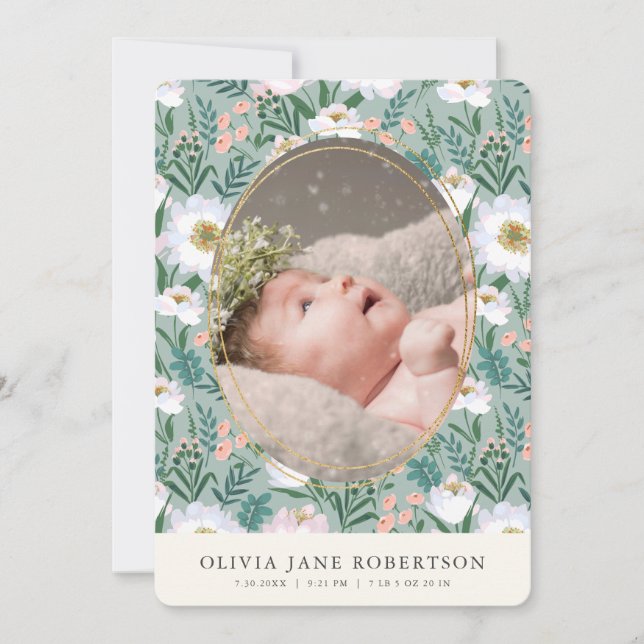 Wildflowers Green Girl Photo Birth Announcement (Front)