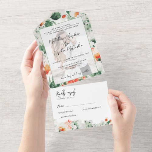 Wildflowers green orange floral botanical photo all in one invitation