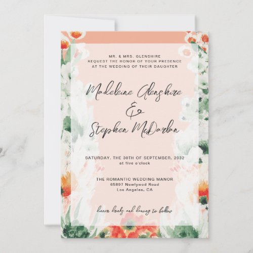 Wildflowers green  orange floral romantic wedding invitation