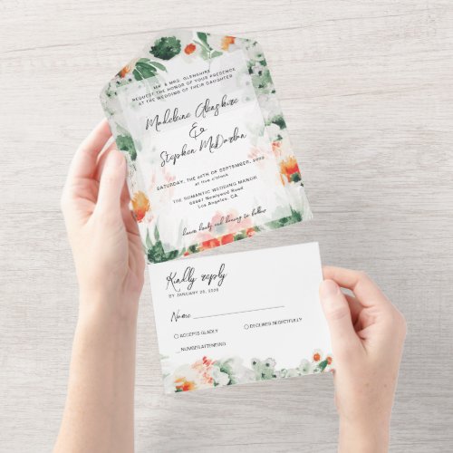 Wildflowers green orange watercolor botanical RSVP All In One Invitation