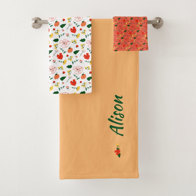 Wildflowers green white red bath name towel set (Insitu)