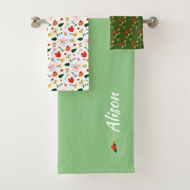 Wildflowers green white red  bath towel set (Insitu)
