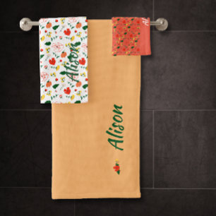 Wildflowers green white red name bath towel set
