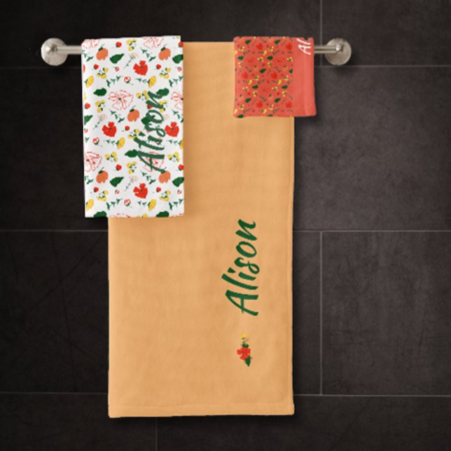 Wildflowers green white red name bath towel set (Creator Uploaded)