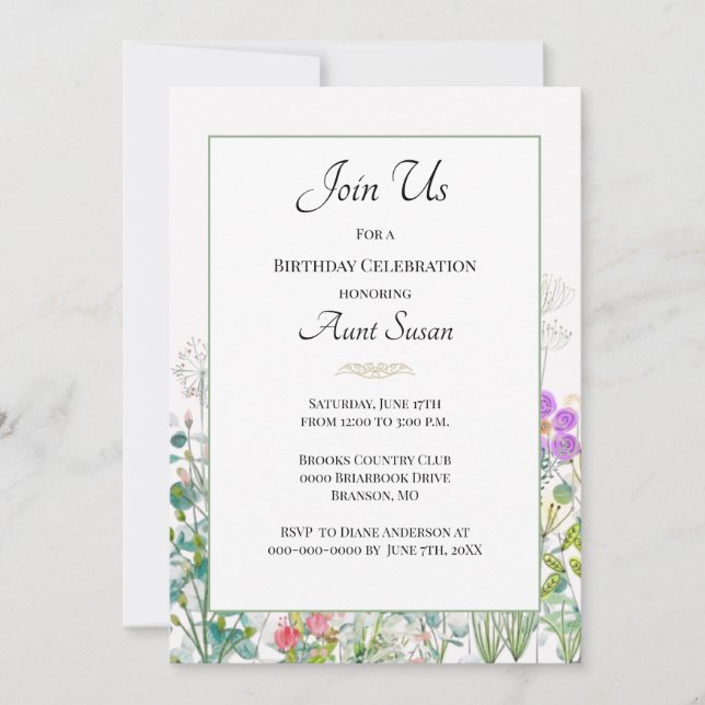 Wildflowers Greenery Aunt Birthday Party  Invitation (Front)