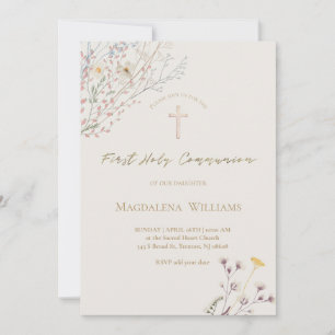wildflowers grey beige background First Communion Invitation