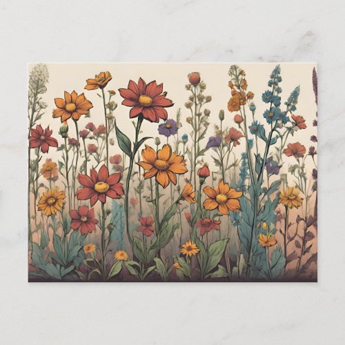 Wildflowers Growing in the Field Illustration  Postcard