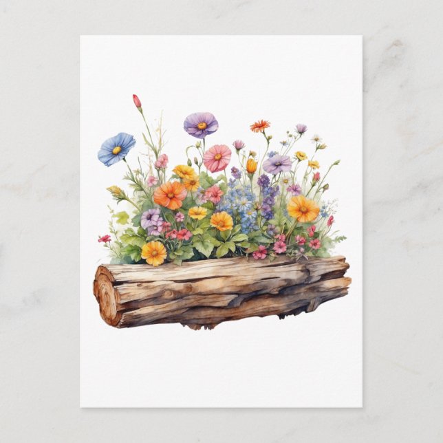 Wildflowers Growing on the Wooden Log Nature  Postcard (Front)