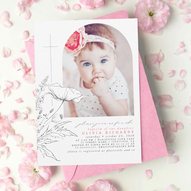 Wildflowers Hand-drawn Baptism Baby Girl Photo Invitation (Creator Uploaded)