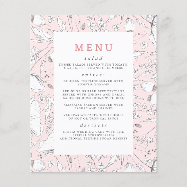 Wildflowers Hand-drawn Elegant Pink Wedding Menu Flyer (Front)