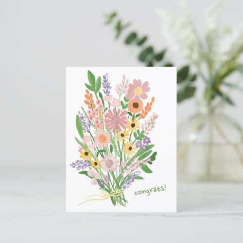 Wildflowers Handpainted Colorful Gouache Congrats Postcard