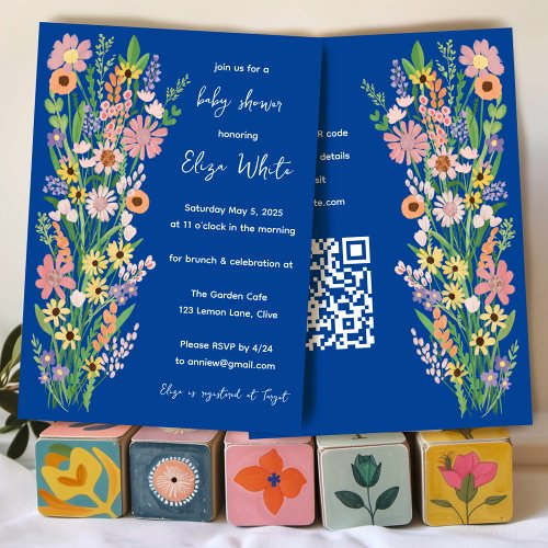 Wildflowers Handpainted Custom QR code Baby Shower Invitation