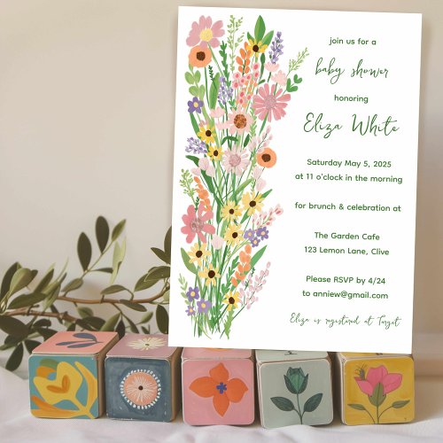 Wildflowers Handpainted Custom QR code Baby Shower Invitation