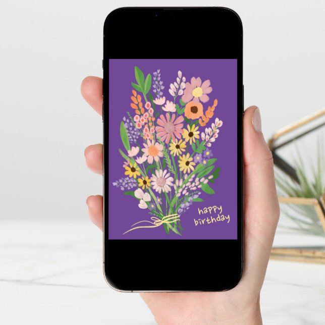 Wildflowers Handpainted Gouache Happy Birthday Card (Front Digital)