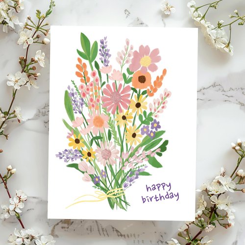 Wildflowers Handpainted Gouache Happy Birthday Postcard