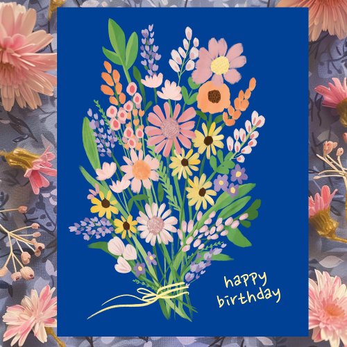 Wildflowers Handpainted Gouache Happy Birthday Postcard