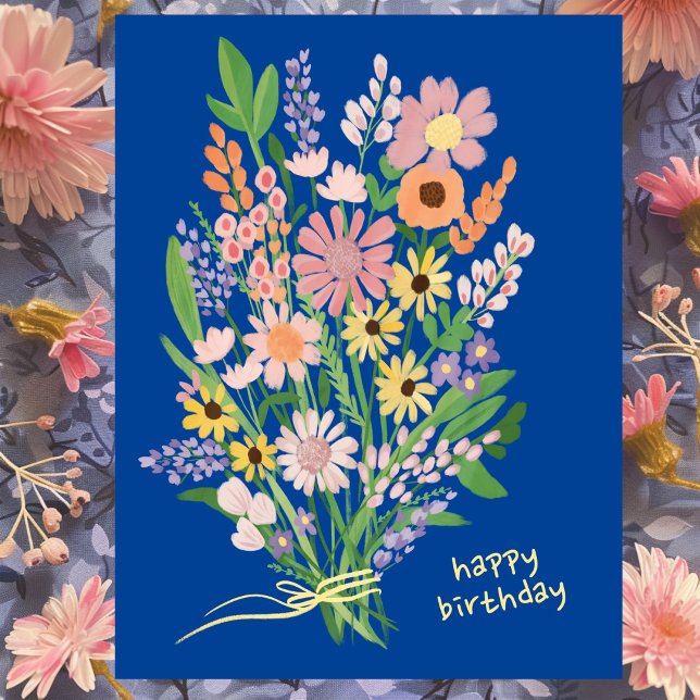 Wildflowers Handpainted Gouache Happy Birthday Postcard (Wildflowers Handpainted Bouquet Gouache Happy Birthday Blue Postcard
)