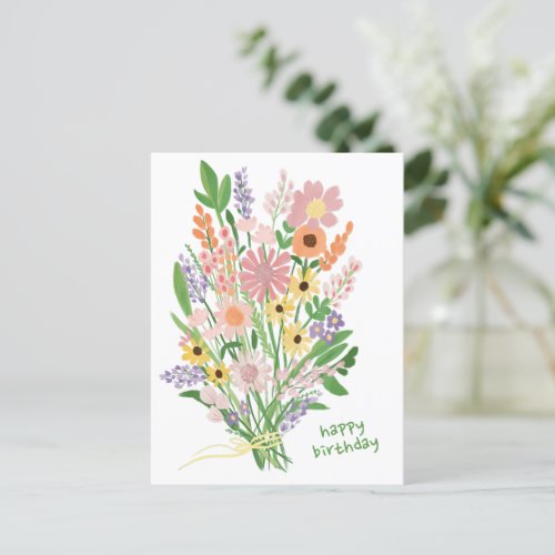 Wildflowers Handpainted Gouache Happy Birthday Postcard