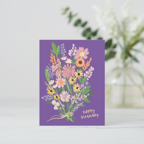 Wildflowers Handpainted Gouache Happy Birthday Postcard