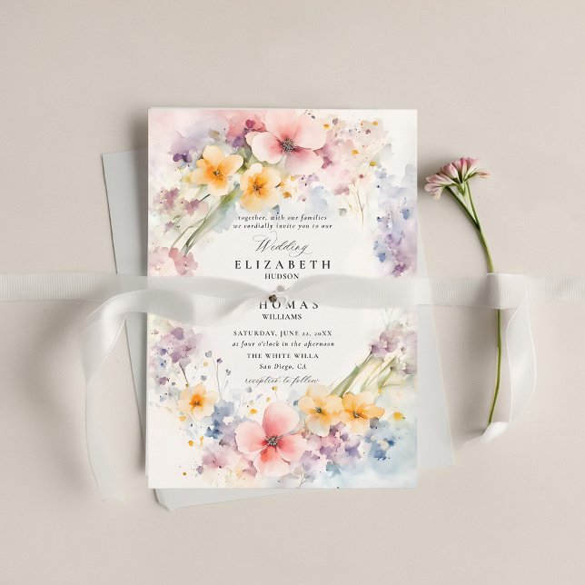Wildflowers Happy Garden Modern Elegant Wedding Invitation (wildflower wedding theme invitation watercolor happy meadow modern classic elegant spring summer)