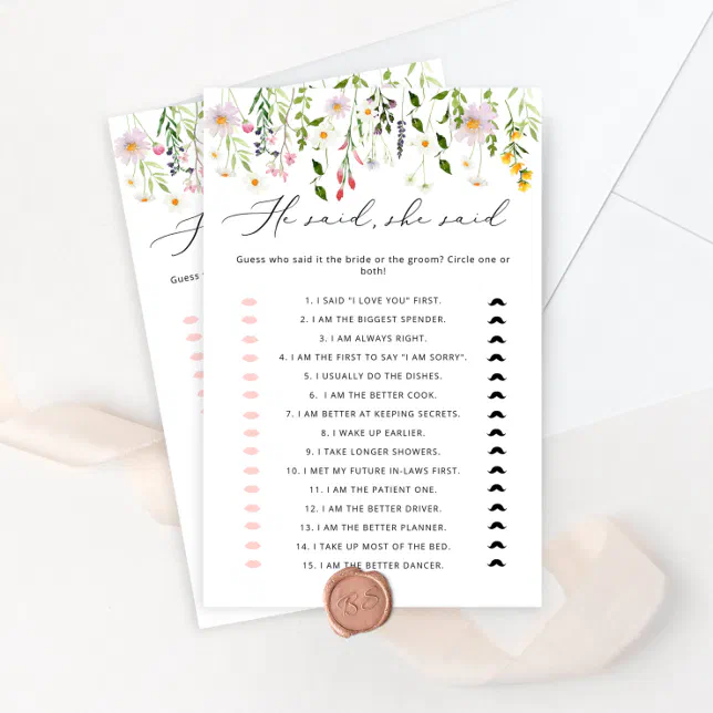 Wildflowers He said she said bridal shower game | Zazzle