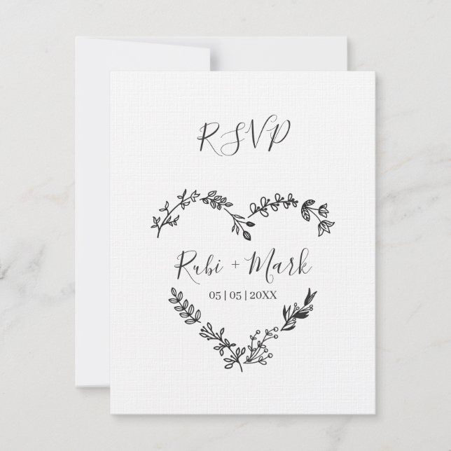 Wildflowers Heart in Black for Wedding RSVP Card (Front)