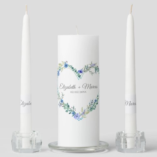 Wildflowers Heart in Blue Shades For Wedding Unity Candle Set