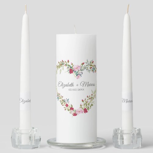 Wildflowers Heart in Pink  Red Shades For Wedding Unity Candle Set