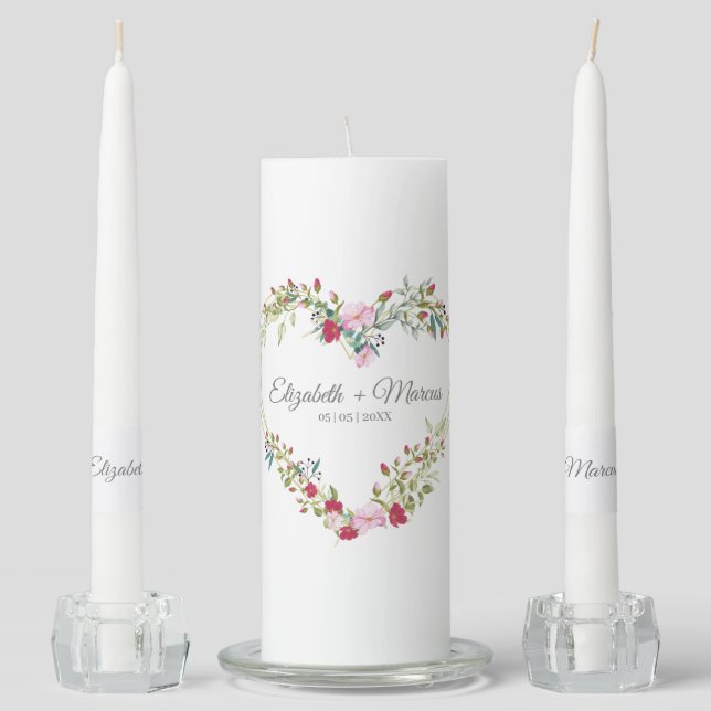 Wildflowers Heart in Pink & Red Shades For Wedding Unity Candle Set (Front)