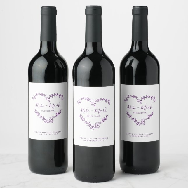 Wildflowers Heart in Purple for Wedding Wine Label (Bottles)