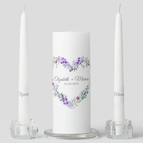 Wildflowers Heart in Purple Shades For Wedding Unity Candle Set